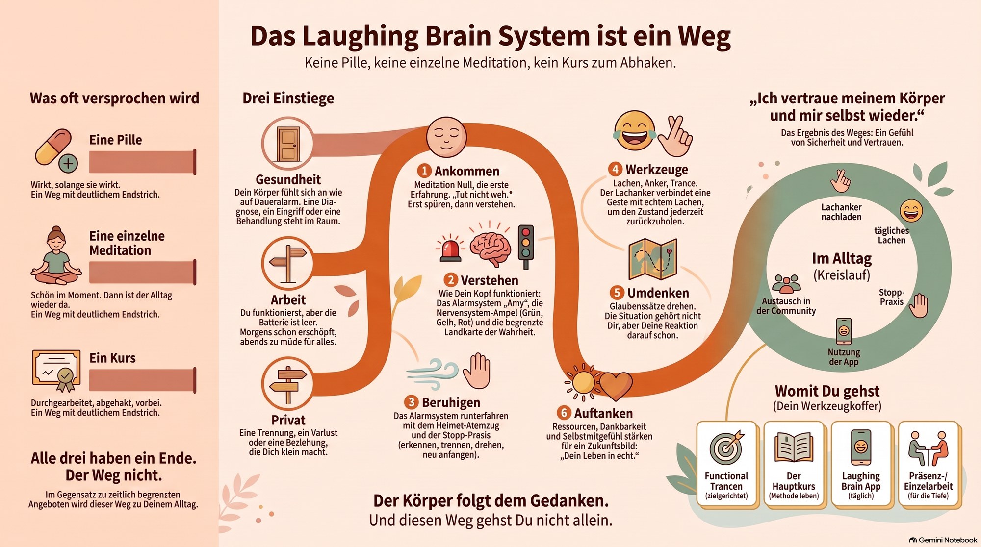 Schaubild: Das Laughing Brain System ist ein Weg. Drei Einstiege, sechs Stationen, ein Kreis für den Alltag.