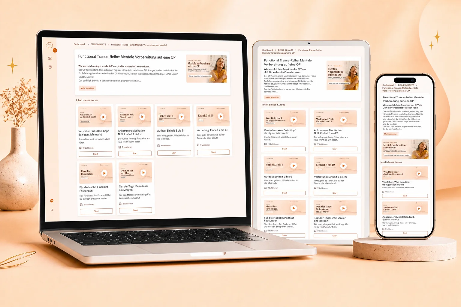 Die Laughing-Brain-App auf Laptop, Tablet und Handy, geöffnet ist die Functional Trance-Reihe Mentale Vorbereitung auf eine OP